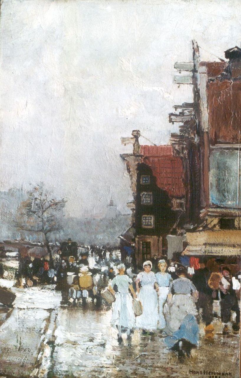 Herrmann J.E.R. | Johann Emil Rudolf 'Hans' Herrmann, Op de markt, Amsterdam, olieverf op papier op schildersboard 37,3 x 24,9 cm, gesigneerd rechtsonder en gedateerd 1886 Herrmann J.E.R. | Johann Emil Rudolf 'Hans' Herrmann, Op de markt, Amsterdam, olieverf op papier op schildersboard 37,3 x 24,9 cm, gesigneerd rechtsonder en gedateerd 1886