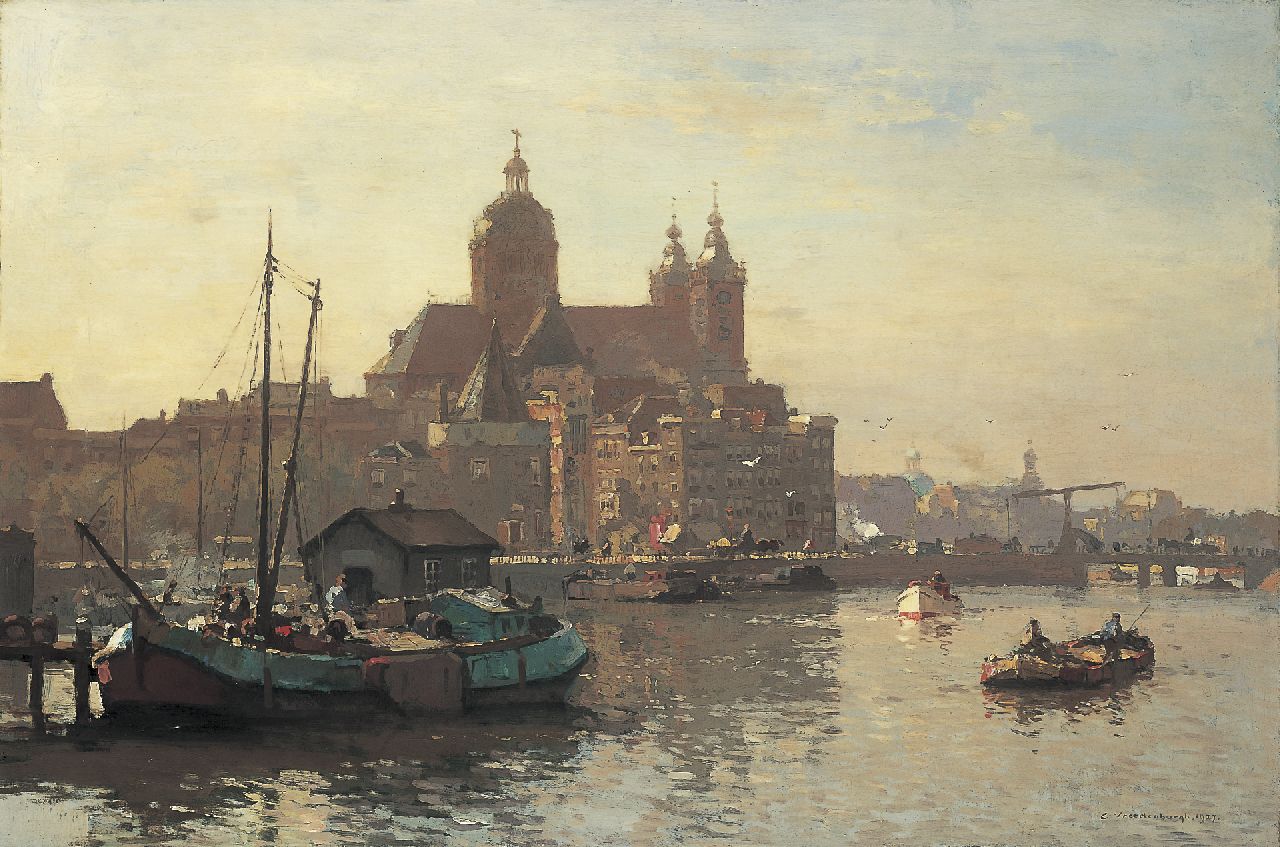 Vreedenburgh C. | Cornelis Vreedenburgh, Gezicht op het IJ met de St. Nicolaaskerk in Amsterdam, olieverf op doek 60,6 x 90,8 cm, gesigneerd rechtsonder en gedateerd 1927 Vreedenburgh C. | Cornelis Vreedenburgh, Gezicht op het IJ met de St. Nicolaaskerk in Amsterdam, olieverf op doek 60,6 x 90,8 cm, gesigneerd rechtsonder en gedateerd 1927