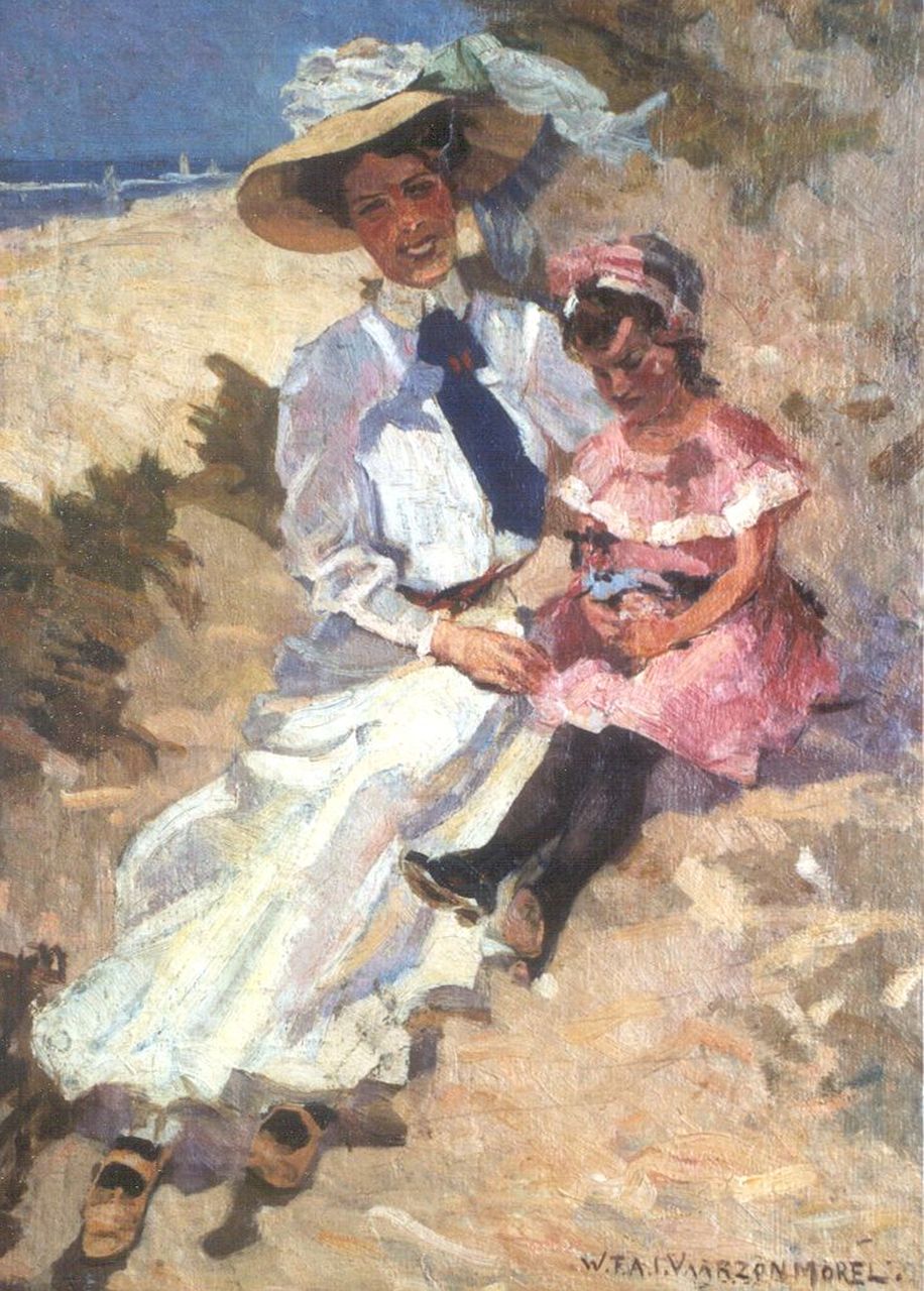Vaarzon Morel W.F.A.I. | Wilhelm Ferdinand Abraham Isaac 'Willem' Vaarzon Morel, Vrouw met kind in de duinen bij Domburg, olieverf op board 47,1 x 33,9 cm, gesigneerd rechtsonder Vaarzon Morel W.F.A.I. | Wilhelm Ferdinand Abraham Isaac 'Willem' Vaarzon Morel, Vrouw met kind in de duinen bij Domburg, olieverf op board 47,1 x 33,9 cm, gesigneerd rechtsonder