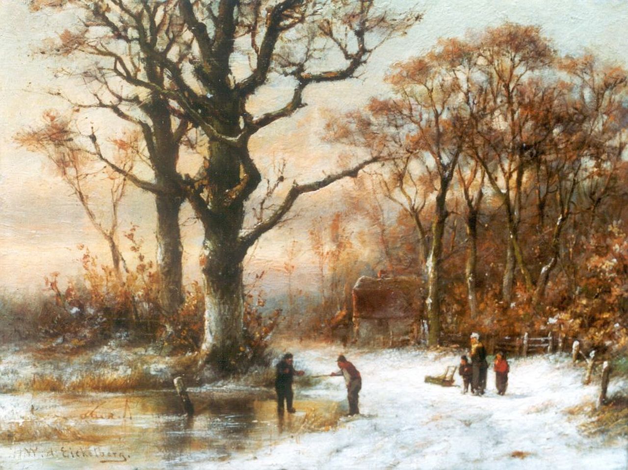 Eickelberg W.H.  | Willem Hendrik Eickelberg, Het eerste ijs, olieverf op paneel 26,9 x 35,3 cm, gesigneerd linksonder