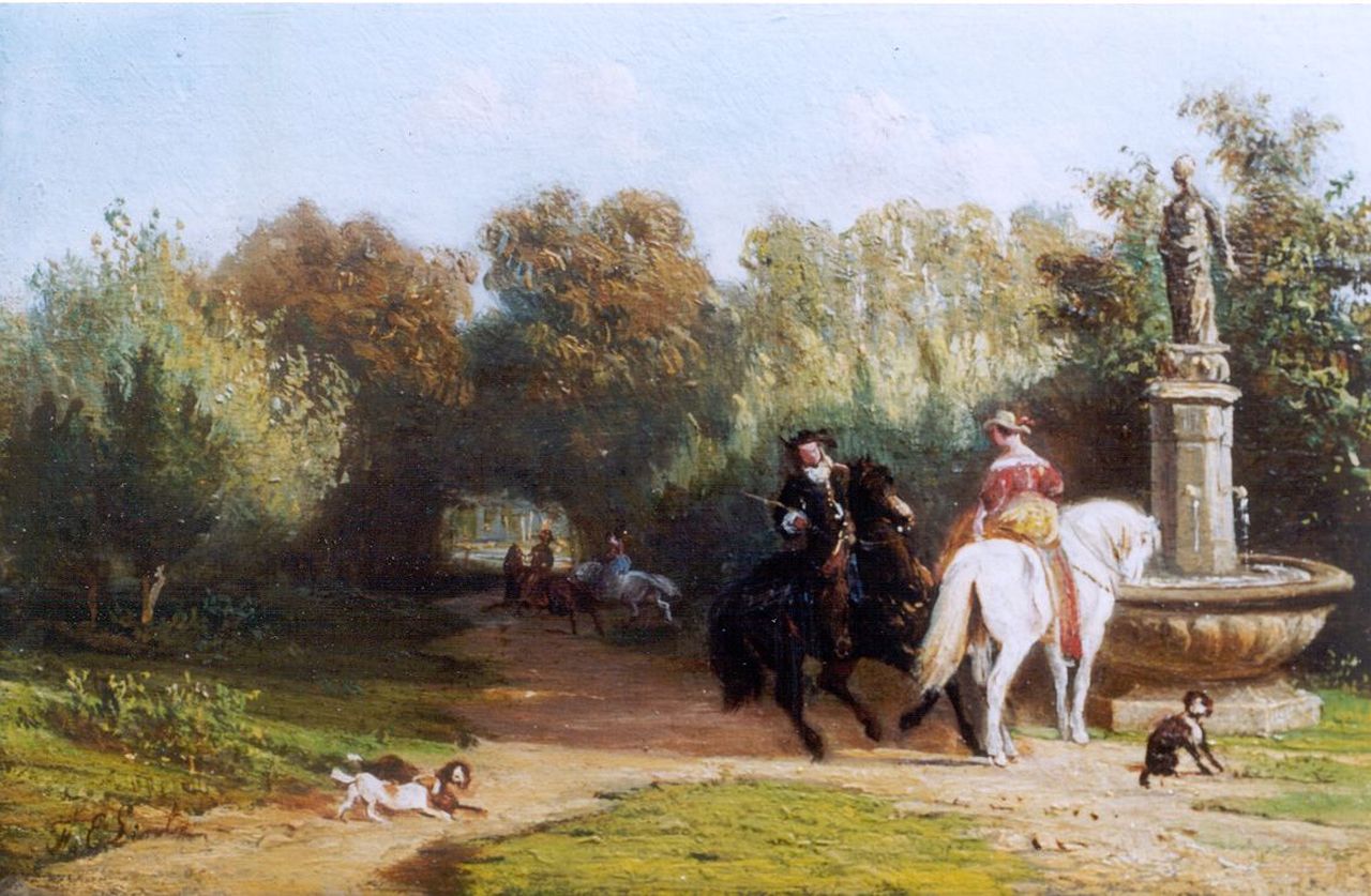 Lintz F.E. | Ferdinand Ernst Lintz, Ruiters in een parklandschap, olieverf op paneel 9,8 x 14,9 cm, gesigneerd linksonder Lintz F.E. | Ferdinand Ernst Lintz, Ruiters in een parklandschap, olieverf op paneel 9,8 x 14,9 cm, gesigneerd linksonder