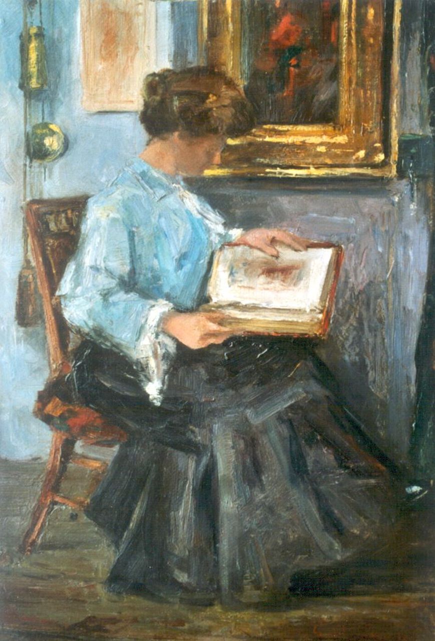 Hagemans P. | Paul Hagemans, Interieur met lezende vrouw, olieverf op board 43,5 x 29,8 cm, gesigneerd rechtsonder (vaag) Hagemans P. | Paul Hagemans, Interieur met lezende vrouw, olieverf op board 43,5 x 29,8 cm, gesigneerd rechtsonder (vaag)