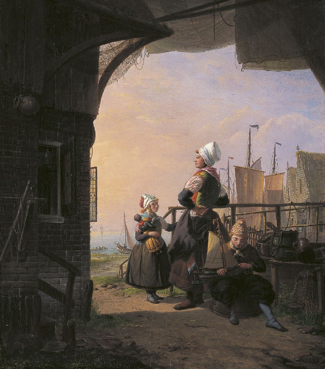 Vettewinkel H.  | Hendrik Vettewinkel, Wachtend op de vissersvloot, Marken, olieverf op doek 47,9 x 42,3 cm, gesigneerd linksonder (op traphek)