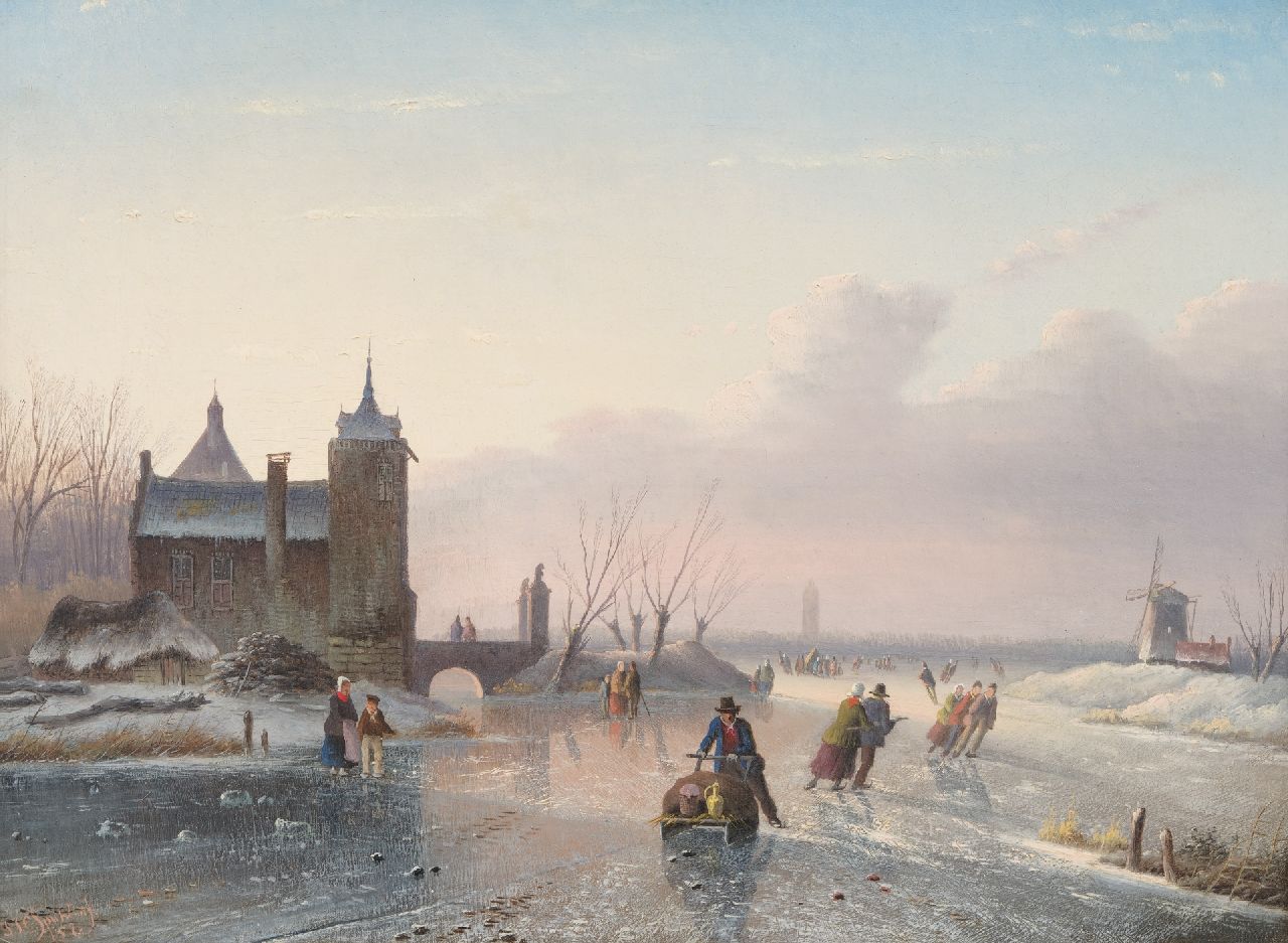 Spohler J.J.C. | Jacob Jan Coenraad Spohler, Winters riviertje met schaatsvertier, olieverf op doek 25,6 x 34,7 cm, gesigneerd linksonder en gedateerd '57 Spohler J.J.C. | Jacob Jan Coenraad Spohler, Winters riviertje met schaatsvertier, olieverf op doek 25,6 x 34,7 cm, gesigneerd linksonder en gedateerd '57