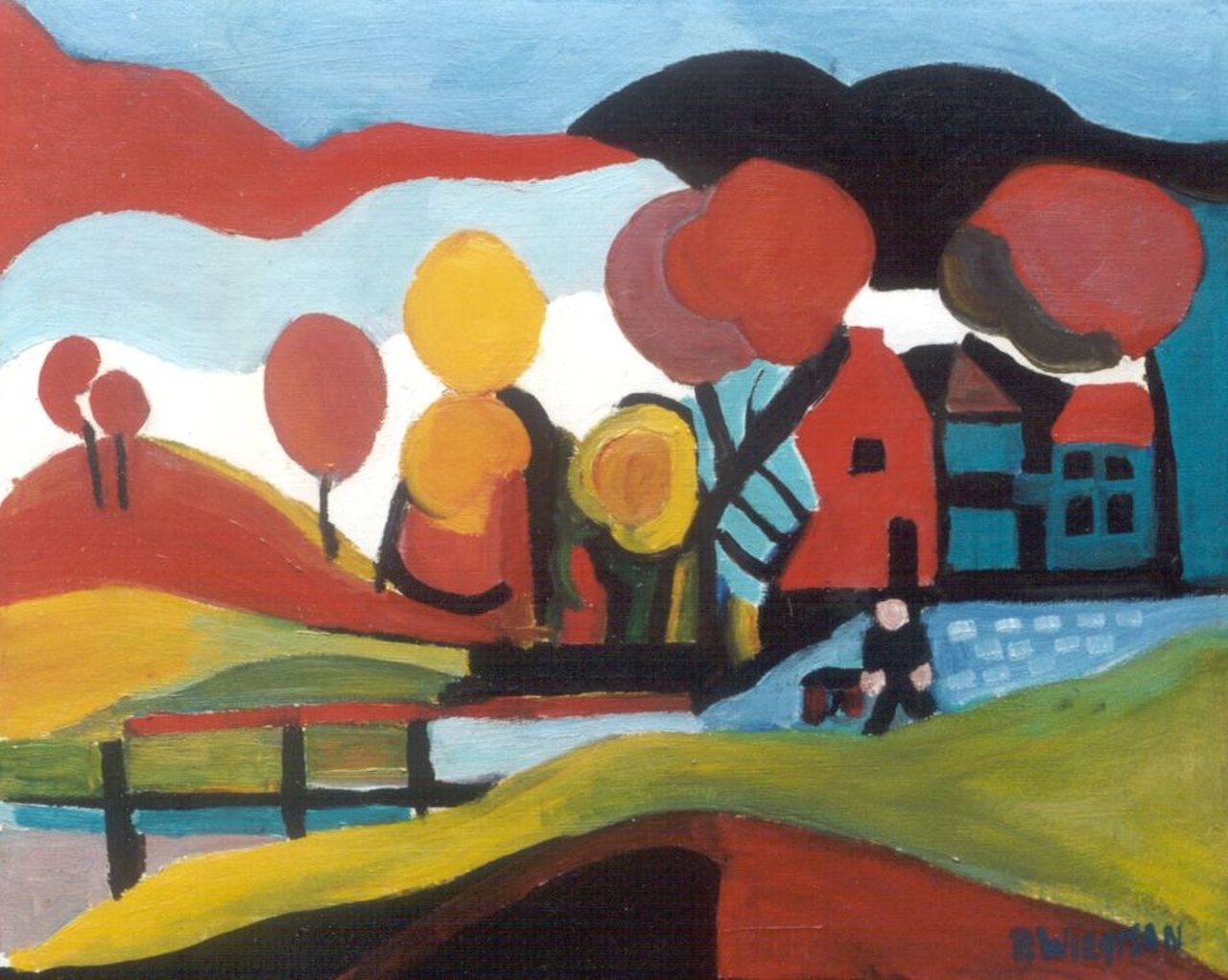 Wiegman P.J.M.  | Petrus Jacobus Maria 'Piet' Wiegman, Huizen in landschap, olieverf op schildersboard 48,9 x 59,9 cm, gesigneerd rechtsonder