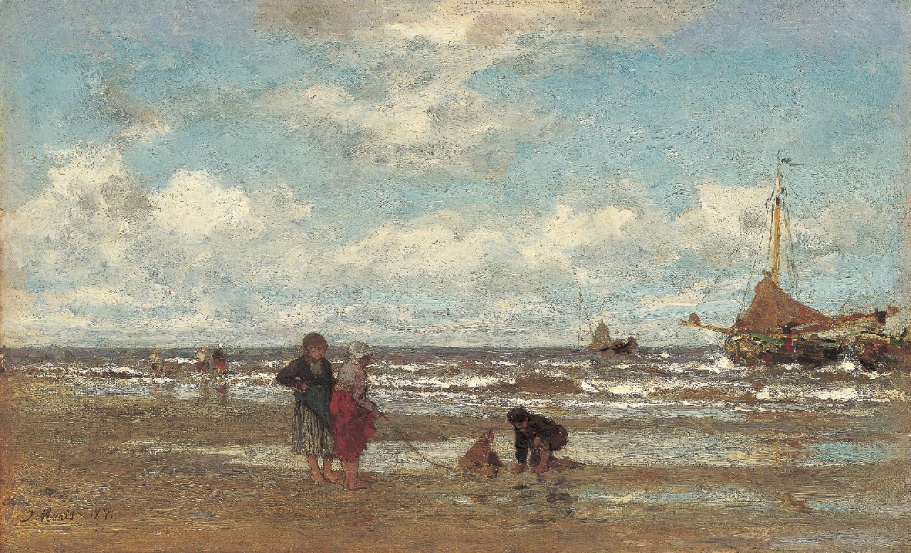 Maris J.H. | Jacobus Hendricus 'Jacob' Maris, Het strand bij Scheveningen, olieverf op doek 22,0 x 35,8 cm, gesigneerd linksonder en gedateerd 1871 Maris J.H. | Jacobus Hendricus 'Jacob' Maris, Het strand bij Scheveningen, olieverf op doek 22,0 x 35,8 cm, gesigneerd linksonder en gedateerd 1871