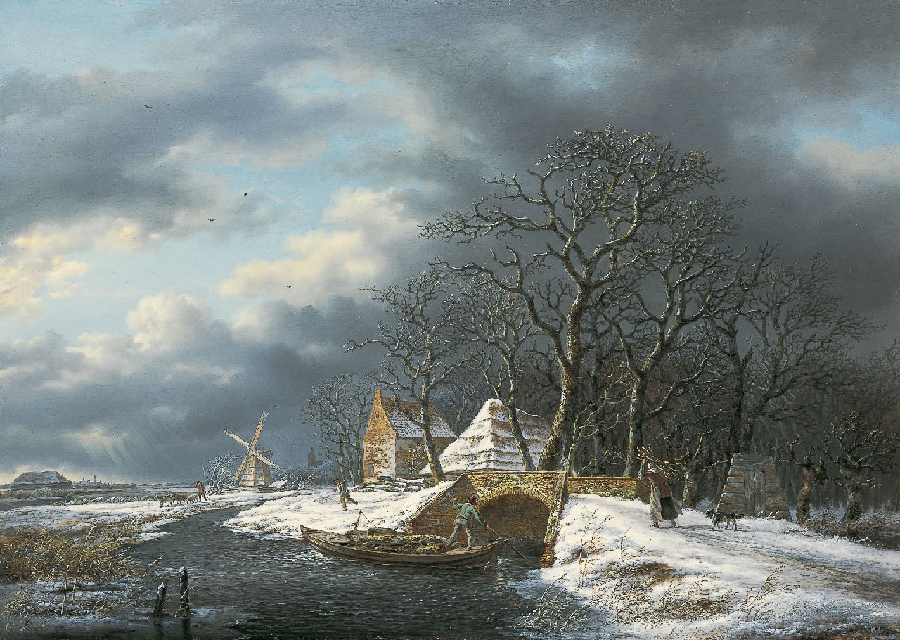 Schelfhout A. | Andreas Schelfhout, Winterlandschap met sprokkelaarster en boer in een punter, olieverf op paneel 51,0 x 73,0 cm, gesigneerd rechts van het midden. en te dateren ca. 1815 Schelfhout A. | Andreas Schelfhout, Winterlandschap met sprokkelaarster en boer in een punter, olieverf op paneel 51,0 x 73,0 cm, gesigneerd rechts van het midden. en te dateren ca. 1815