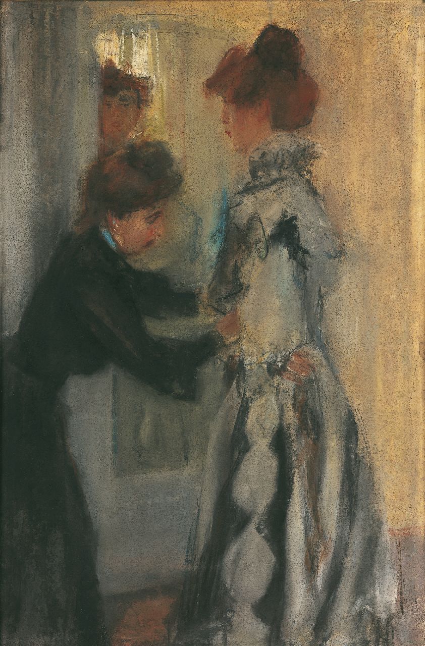 Israels I.L.  | 'Isaac' Lazarus Israels, Bij de essayeuse in modehuis Hirsch, pastel op papier 55,0 x 37,0 cm, gesigneerd rechtsonder en te dateren 1903