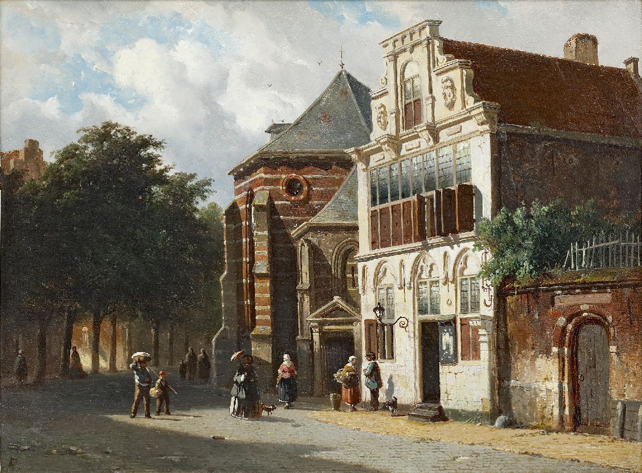 Eversen A. | Adrianus Eversen, Zomers gezicht op de Petruskerk en het Stedehuys te Woerden, olieverf op paneel 27,6 x 37,4 cm, gesigneerd linksonder met monogram Eversen A. | Adrianus Eversen, Zomers gezicht op de Petruskerk en het Stedehuys te Woerden, olieverf op paneel 27,6 x 37,4 cm, gesigneerd linksonder met monogram