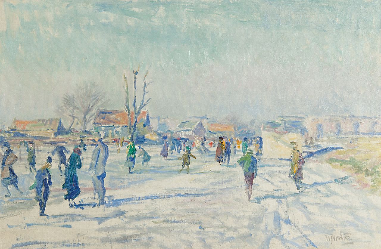 Wolter H.J. | Hendrik Jan 'Henk' Wolter | Schilderijen te koop aangeboden | Schaatsers op de Boerenwetering, Amsterdam, olieverf op doek 40,5 x 60,6 cm, gesigneerd rechtsonder en verso voorzien van atelierstempel en te dateren 1915 Wolter H.J. | Hendrik Jan 'Henk' Wolter | Schilderijen te koop aangeboden | Schaatsers op de Boerenwetering, Amsterdam, olieverf op doek 40,5 x 60,6 cm, gesigneerd rechtsonder en verso voorzien van atelierstempel en te dateren 1915