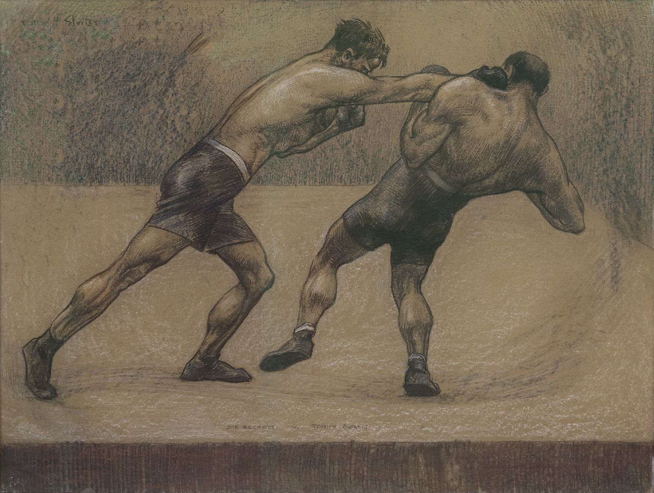 Sluiter J.W.  | Jan Willem 'Willy' Sluiter, De bokswedstrijd van Joe Beckett tegen Tommy Burns, Londen 1920, houtskool en pastel op papier op board 70,6 x 101,5 cm, gesigneerd linksboven en verso met naamstempel en gedateerd 'London' 1920