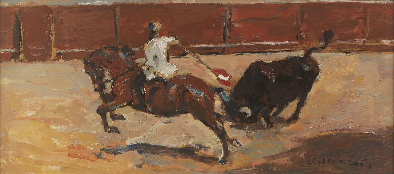 Groenestein J.M.  | Johannes Maria 'Jan' Groenestein, Stierengevecht, olieverf op board 29,0 x 64,4 cm, gesigneerd rechtsonder