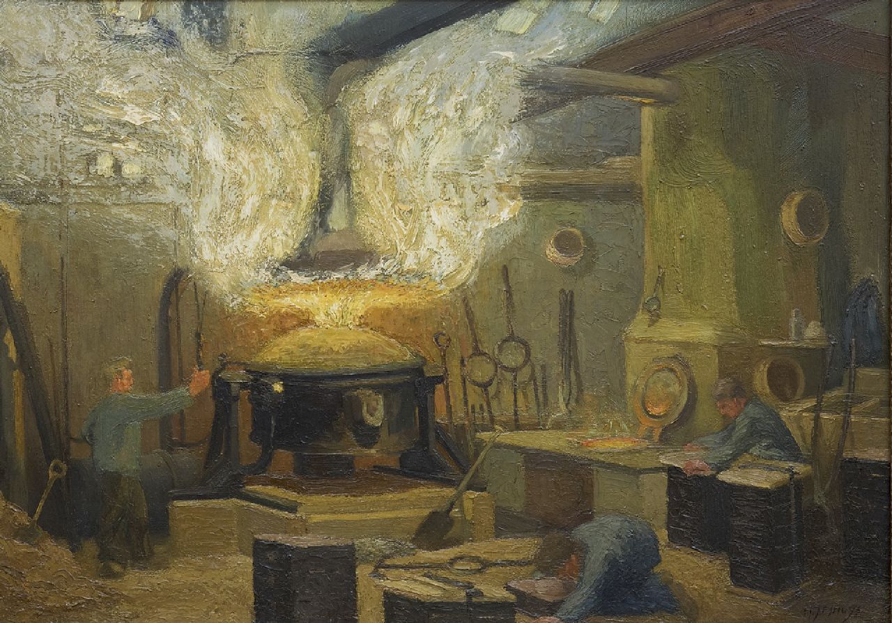 Hendrikus Jacobus Eshuijs | IJzergieterij, olieverf op paneel, 40,0 x 56,0 cm, gesigneerd r.o.