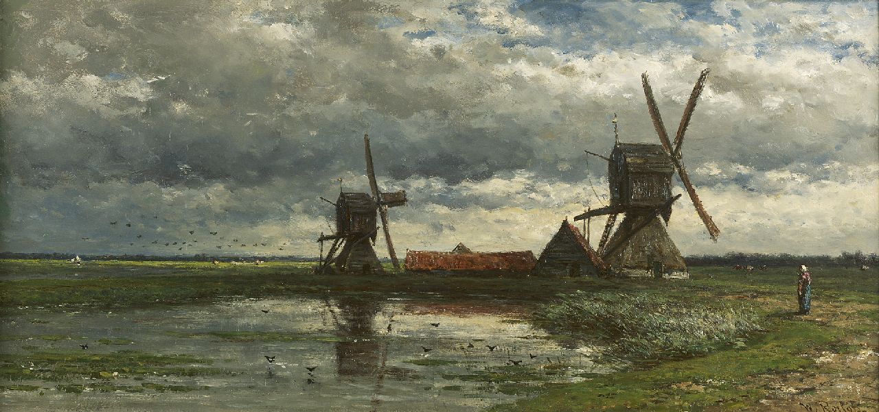 Roelofs W. | Willem Roelofs, Polderlandschap met wipwatermolens, olieverf op paneel 28,0 x 59,0 cm, gesigneerd rechtsonder en te dateren ca. 1880-1885 Roelofs W. | Willem Roelofs, Polderlandschap met wipwatermolens, olieverf op paneel 28,0 x 59,0 cm, gesigneerd rechtsonder en te dateren ca. 1880-1885