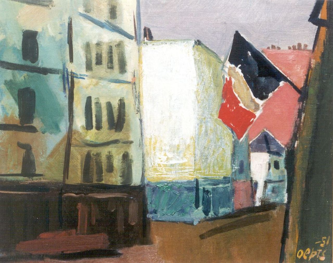 Oepts W.A. | Willem Anthonie 'Wim' Oepts, Frans straatje met vlag, olieverf op doek 32,6 x 40,8 cm, gesigneerd rechtsonder en gedateerd '51 Oepts W.A. | Willem Anthonie 'Wim' Oepts, Frans straatje met vlag, olieverf op doek 32,6 x 40,8 cm, gesigneerd rechtsonder en gedateerd '51
