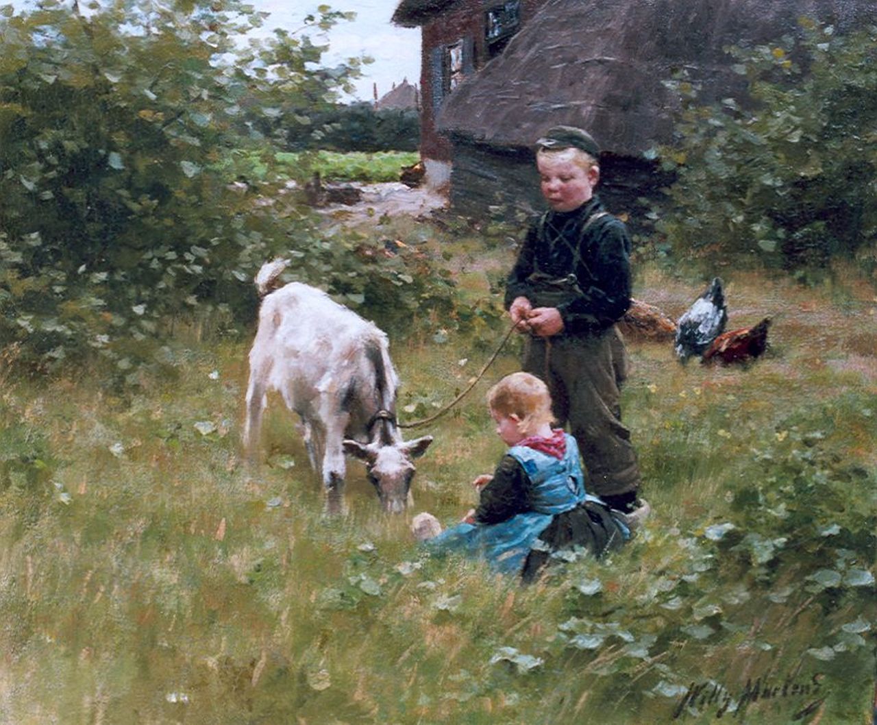 Martens W. | Willem 'Willy' Martens, In de wei bij het geitje, olieverf op doek 47,4 x 56,3 cm, gesigneerd rechtsonder Martens W. | Willem 'Willy' Martens, In de wei bij het geitje, olieverf op doek 47,4 x 56,3 cm, gesigneerd rechtsonder