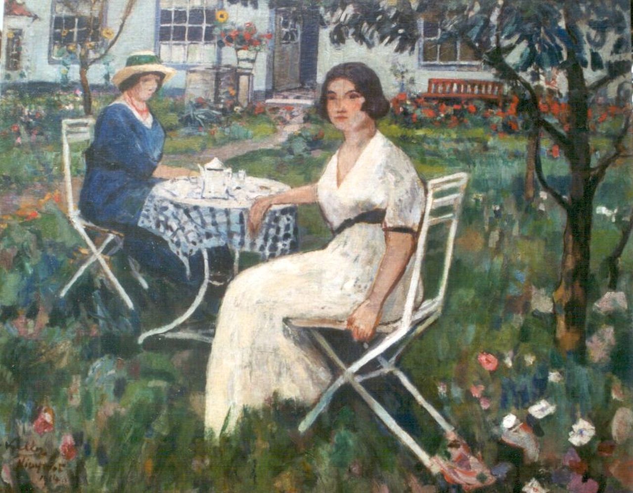 Keller A. | Adolphe Keller, Twee dames in een tuin te Nieuwpoort, olieverf op doek 85,9 x 106,0 cm, gesigneerd linksonder en gedateerd 'Nieuwpoort' 1914 Keller A. | Adolphe Keller, Twee dames in een tuin te Nieuwpoort, olieverf op doek 85,9 x 106,0 cm, gesigneerd linksonder en gedateerd 'Nieuwpoort' 1914