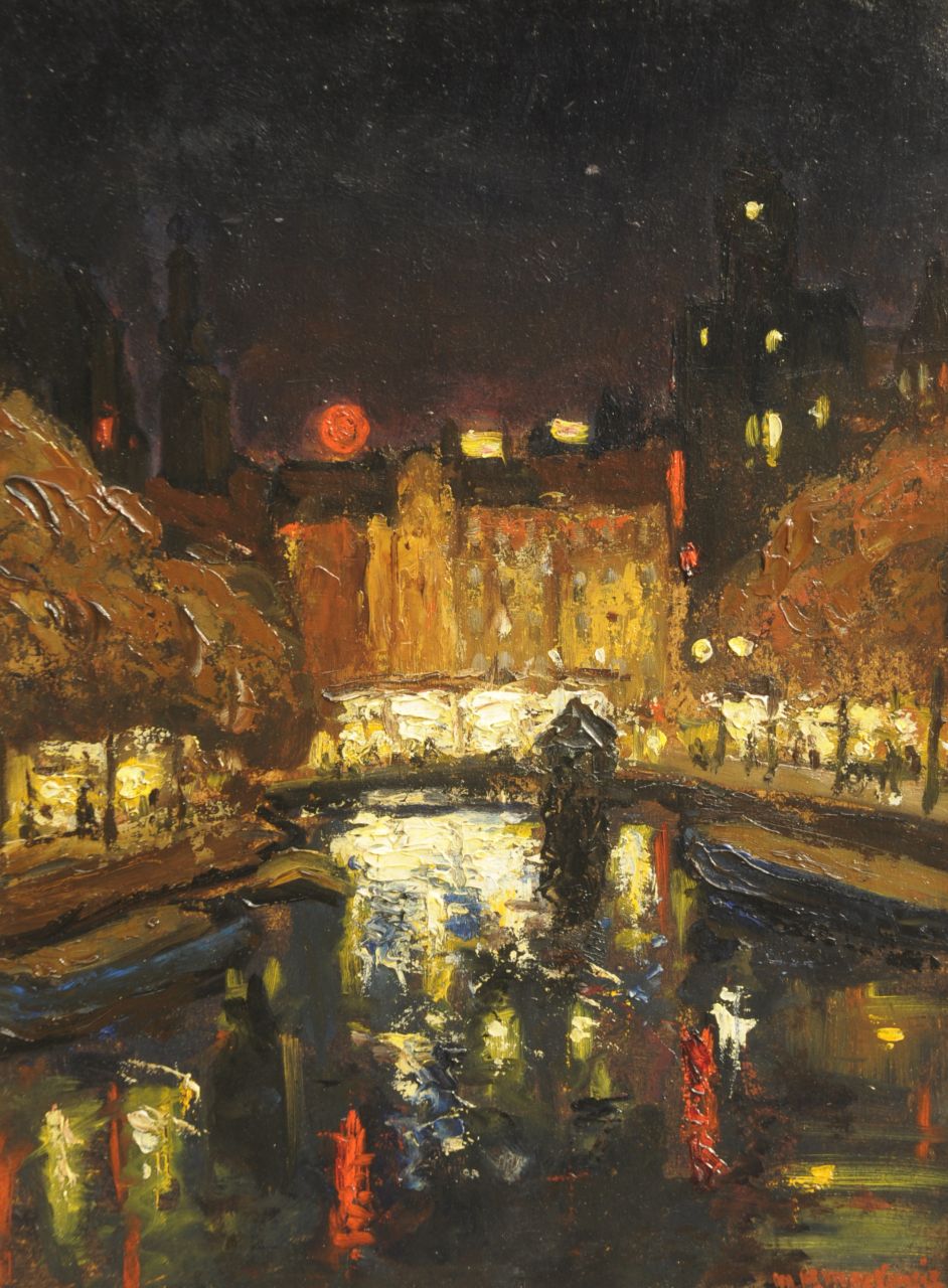 Mackenzie M.H. | Marie Henri Mackenzie, Lichteffect: Singel bij de Munt in Amsterdam, olieverf op board 39,8 x 29,8 cm, gesigneerd rechtsonder Mackenzie M.H. | Marie Henri Mackenzie, Lichteffect: Singel bij de Munt in Amsterdam, olieverf op board 39,8 x 29,8 cm, gesigneerd rechtsonder
