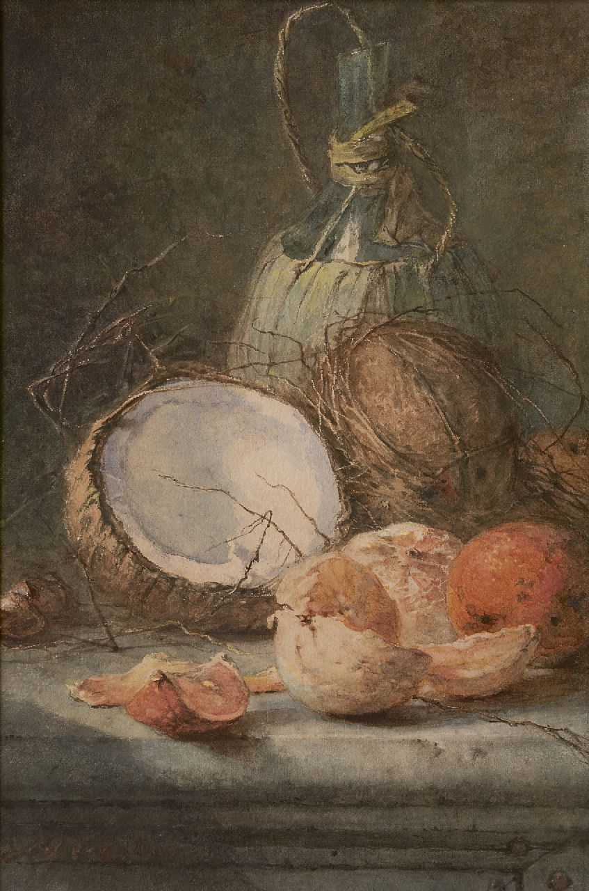 Maria Vos | Stilleven met wijnfles, kokosnoten en sinaasappelen, potlood en aquarel op papier op board, 55,0 x 37,0 cm, gesigneerd l.o. en gedateerd 1880 Maria Vos | Stilleven met wijnfles, kokosnoten en sinaasappelen, potlood en aquarel op papier op board, 55,0 x 37,0 cm, gesigneerd l.o. en gedateerd 1880
