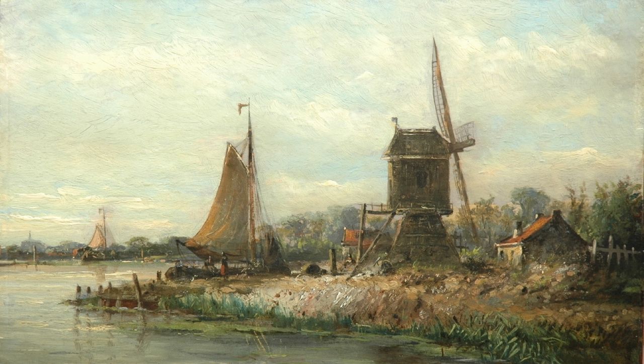 Wijdoogen N.M. | Nicolaas Martinus Wijdoogen, Een spinnekopmolen langs een rivier, olieverf op papier op paneel 27,3 x 45,5 cm, gesigneerd rechtsonder Wijdoogen N.M. | Nicolaas Martinus Wijdoogen, Een spinnekopmolen langs een rivier, olieverf op papier op paneel 27,3 x 45,5 cm, gesigneerd rechtsonder