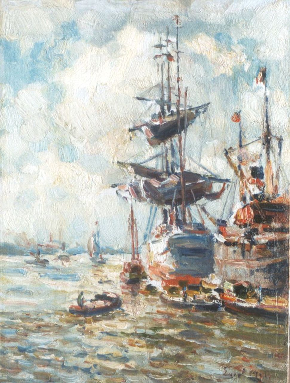 Moll E. | Evert Moll, Een driemaster en andere schepen in de Rotterdamse haven, olieverf op doek op paneel 24,9 x 18,9 cm, gesigneerd rechtsonder Moll E. | Evert Moll, Een driemaster en andere schepen in de Rotterdamse haven, olieverf op doek op paneel 24,9 x 18,9 cm, gesigneerd rechtsonder