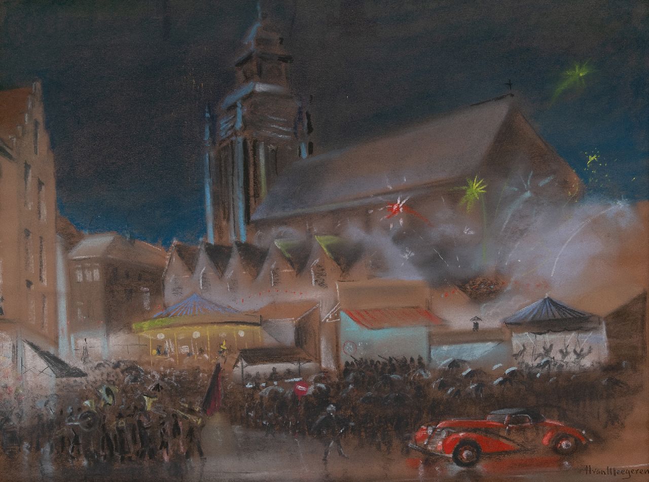 Meegeren H.A. van | Henricus Antonius 'Han' van Meegeren | Aquarellen en tekeningen te koop aangeboden | Kermis bij avond, pastel op papier 49,0 x 63,5 cm, gesigneerd rechtsonder