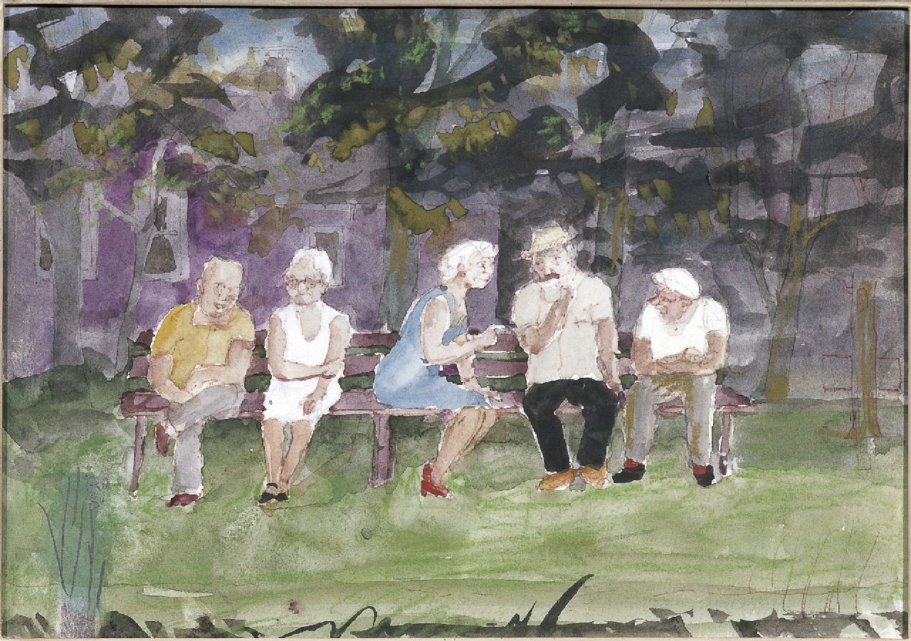 Kamerlingh Onnes H.H. | 'Harm' Henrick Kamerlingh Onnes, Op een bankje in het park, potlood, pen, krijt en gouache op papier 21,0 x 29,1 cm, gesigneerd linksonder met monogram en gedateerd '80 Kamerlingh Onnes H.H. | 'Harm' Henrick Kamerlingh Onnes, Op een bankje in het park, potlood, pen, krijt en gouache op papier 21,0 x 29,1 cm, gesigneerd linksonder met monogram en gedateerd '80