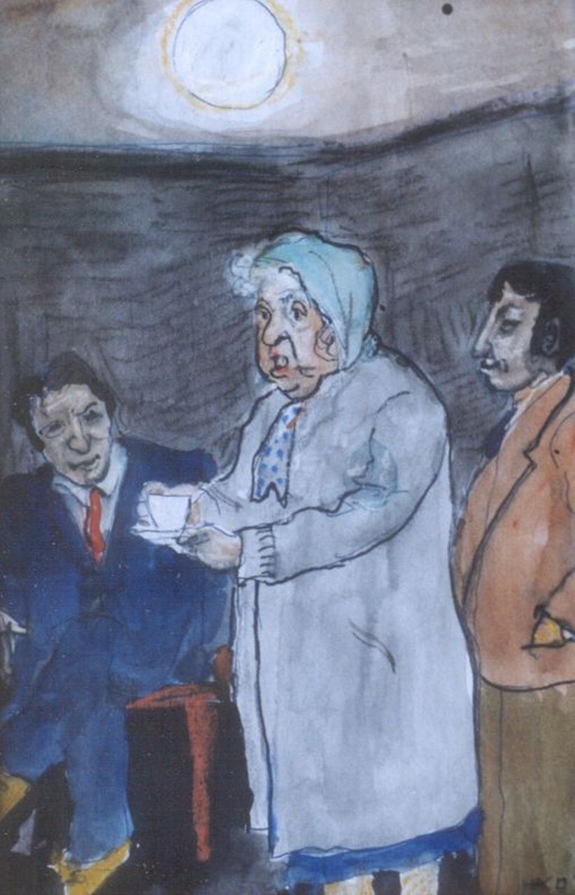 Kamerlingh Onnes H.H.  | 'Harm' Henrick Kamerlingh Onnes, Pas op, mijn kopje thee!, viltstift, krijt en aquarel op papier 22,0 x 15,4 cm, gesigneerd rechtsonder met monogram en gedateerd '80