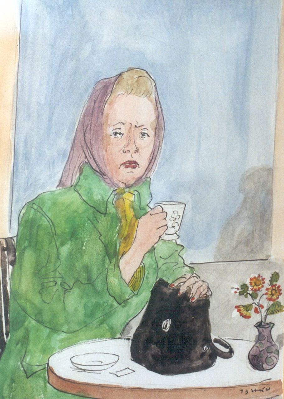 Kamerlingh Onnes H.H.  | 'Harm' Henrick Kamerlingh Onnes, Het kopje thee, viltstift, ballpoint en aquarel op papier 18,5 x 14,1 cm, gesigneerd rechtsonder met monogram en gedateerd '73