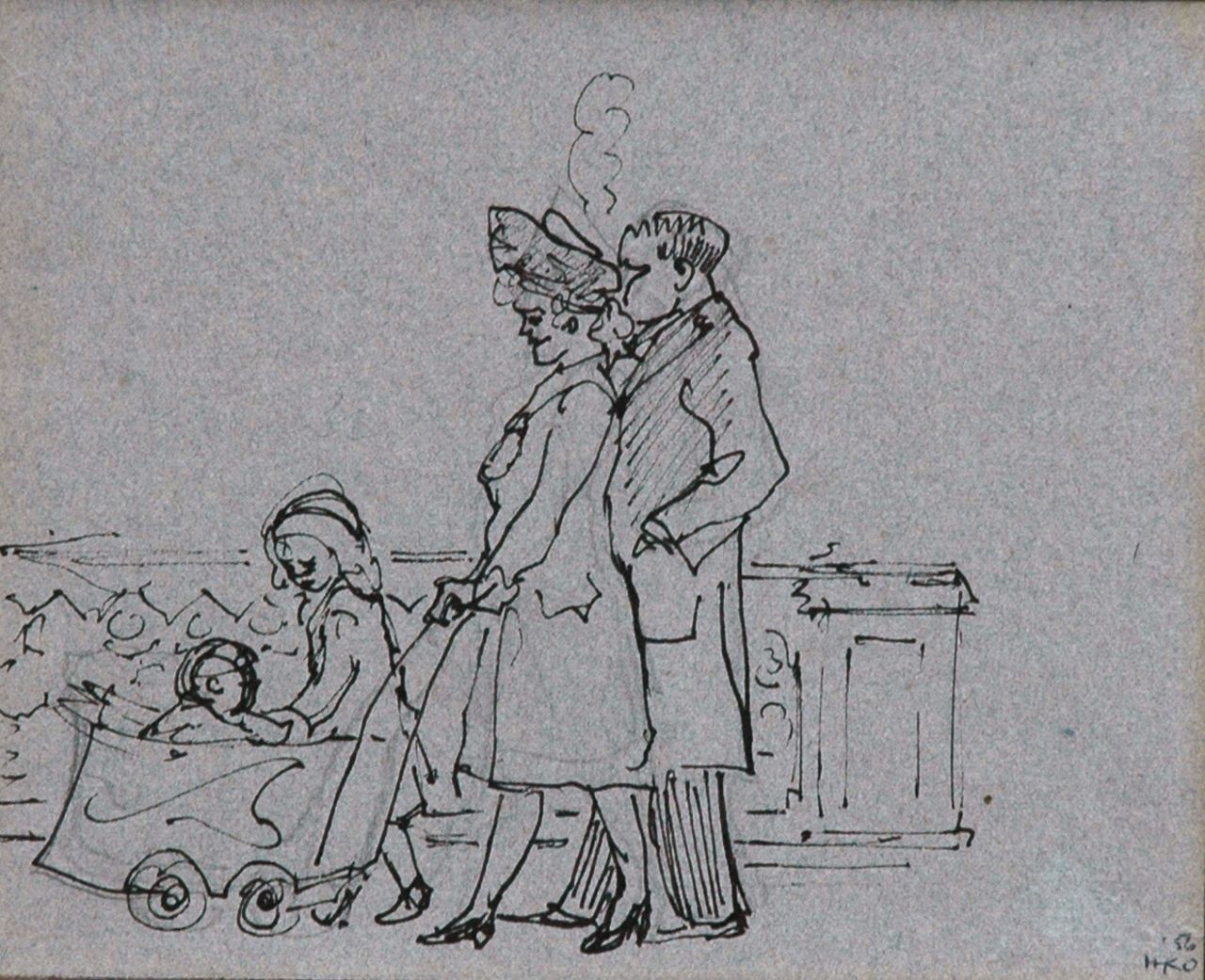 Kamerlingh Onnes H.H.  | 'Harm' Henrick Kamerlingh Onnes, De zondagse wandeling, pen en inkt op papier 14,8 x 17,8 cm, gesigneerd rechtsonder met monogram en gedateerd '56