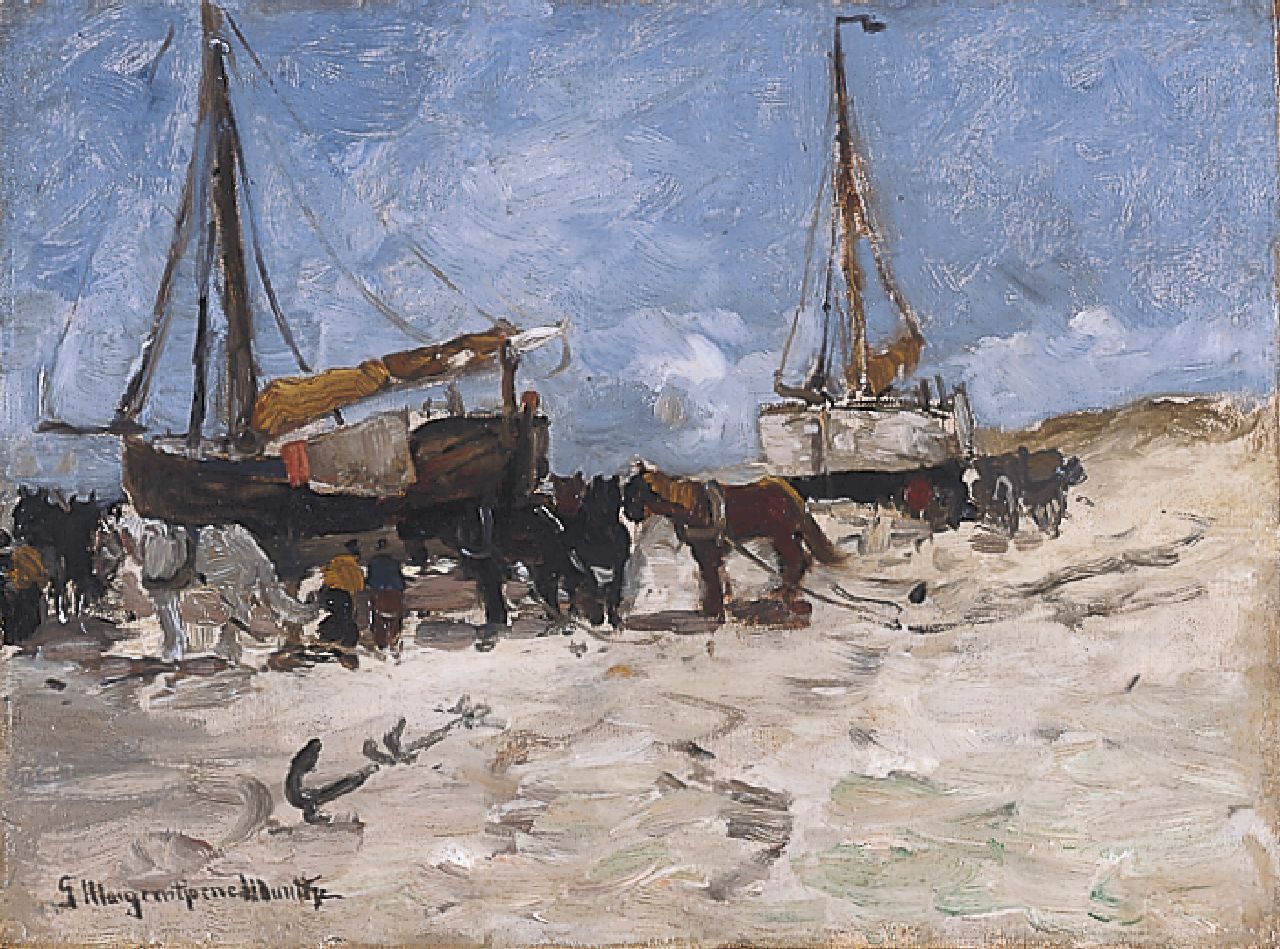 Munthe G.A.L. | Gerhard Arij Ludwig 'Morgenstjerne' Munthe, Bommen en paarden op het strand, olieverf op doek op paneel 40,2 x 54,1 cm, gesigneerd linksonder Munthe G.A.L. | Gerhard Arij Ludwig 'Morgenstjerne' Munthe, Bommen en paarden op het strand, olieverf op doek op paneel 40,2 x 54,1 cm, gesigneerd linksonder