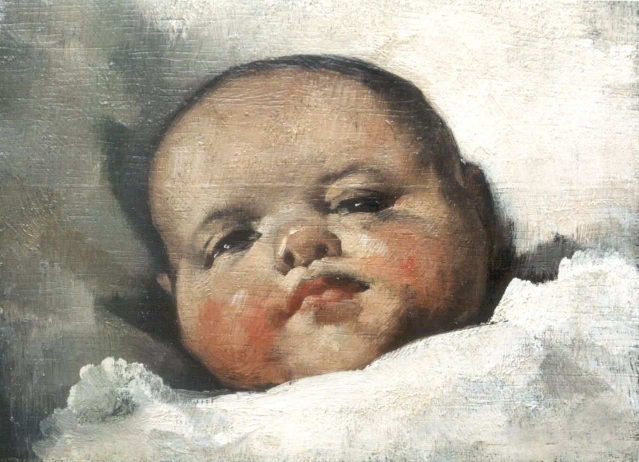 Berg W.H. van den | 'Willem' Hendrik van den Berg, Babyportretje, olieverf op paneel 12,7 x 16,9 cm, gesigneerd rechtsonder resten van signatuur Berg W.H. van den | 'Willem' Hendrik van den Berg, Babyportretje, olieverf op paneel 12,7 x 16,9 cm, gesigneerd rechtsonder resten van signatuur