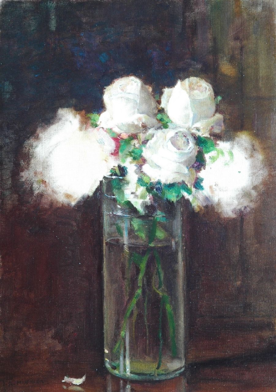 Muenier J.A. | Jules Alexis Muenier, Witte rozen in glazen vaas, olieverf op doek 46,2 x 33,2 cm, gesigneerd linksonder Muenier J.A. | Jules Alexis Muenier, Witte rozen in glazen vaas, olieverf op doek 46,2 x 33,2 cm, gesigneerd linksonder