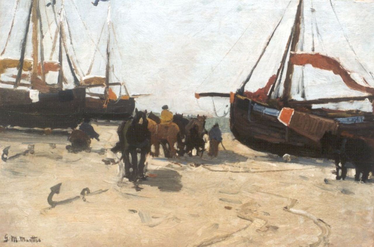 Munthe G.A.L. | Gerhard Arij Ludwig 'Morgenstjerne' Munthe, Strandgezicht met bommen en sleperspaarden, olieverf op doek op paneel 37,8 x 53,4 cm, gesigneerd linksonder Munthe G.A.L. | Gerhard Arij Ludwig 'Morgenstjerne' Munthe, Strandgezicht met bommen en sleperspaarden, olieverf op doek op paneel 37,8 x 53,4 cm, gesigneerd linksonder