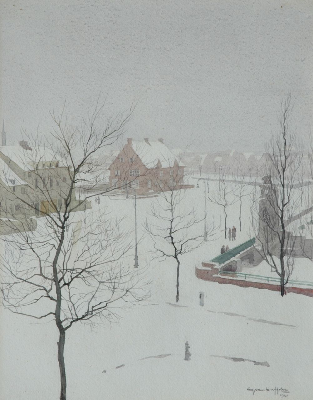 Duffelen G. van | Gerrit van Duffelen, Sneeuw in Amsterdam Zuid, Muzenplein, aquarel op papier 46,5 x 37,7 cm, gesigneerd rechtsonder en gedateerd 1941 Duffelen G. van | Gerrit van Duffelen, Sneeuw in Amsterdam Zuid, Muzenplein, aquarel op papier 46,5 x 37,7 cm, gesigneerd rechtsonder en gedateerd 1941