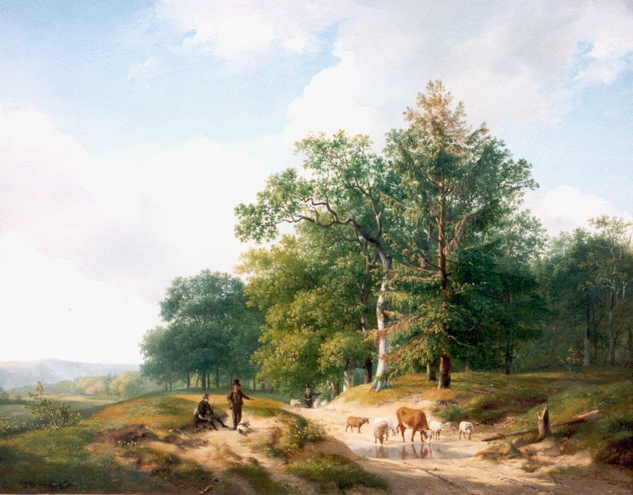 Sande Bakhuyzen H. van de | Hendrikus van de Sande Bakhuyzen, Rustende jagers en boer met vee bij de bosrand, olieverf op paneel 51,4 x 62,2 cm, gesigneerd rechtsonder en gedateerd 1825 Sande Bakhuyzen H. van de | Hendrikus van de Sande Bakhuyzen, Rustende jagers en boer met vee bij de bosrand, olieverf op paneel 51,4 x 62,2 cm, gesigneerd rechtsonder en gedateerd 1825