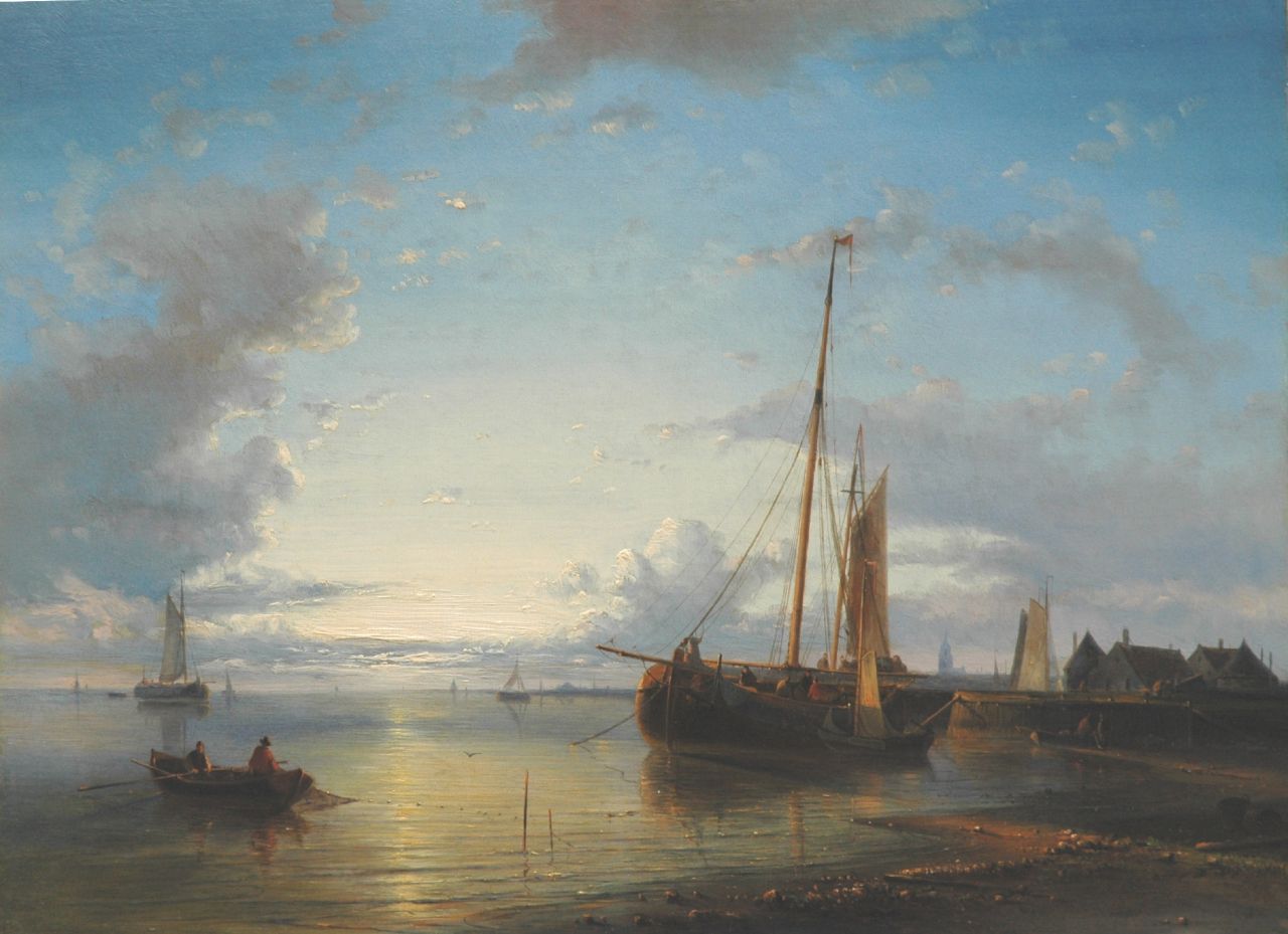 Hulk A.  | Abraham Hulk, Vissersschepen bij zonsondergang, olieverf op paneel 40,4 x 55,0 cm