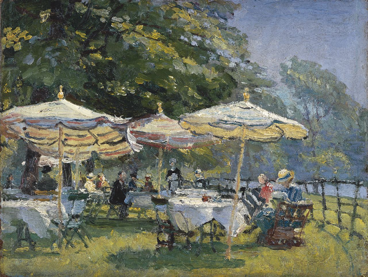 Moll E.  | Evert Moll, Verpozen op het terras, olieverf op schildersboard 26,6 x 35,3 cm