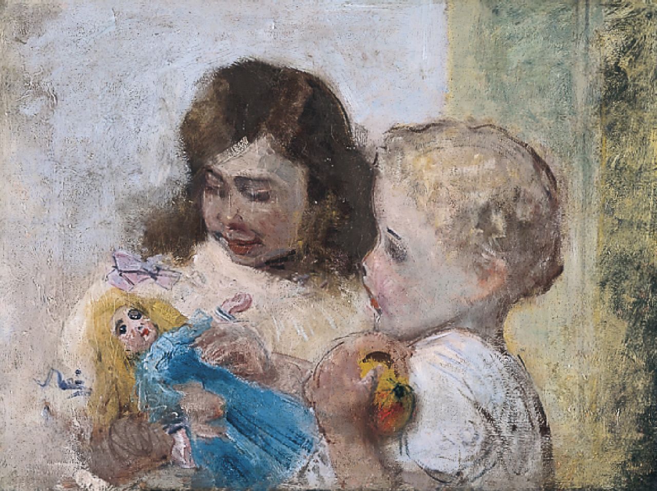 Rink P.Ph. | Paulus Philippus 'Paul' Rink, Kinderen met pop, olieverf op doek 49,5 x 65,0 cm, gesigneerd verso Rink P.Ph. | Paulus Philippus 'Paul' Rink, Kinderen met pop, olieverf op doek 49,5 x 65,0 cm, gesigneerd verso