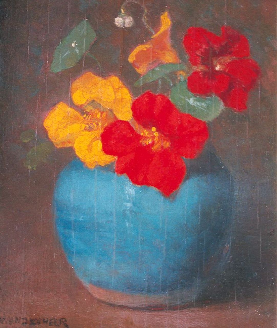 Wandscheer M.W. | Maria Wilhelmina 'Marie' Wandscheer, Oost-Indische kers in gemberpot, olieverf op paneel 18,9 x 15,7 cm, gesigneerd linksonder Wandscheer M.W. | Maria Wilhelmina 'Marie' Wandscheer, Oost-Indische kers in gemberpot, olieverf op paneel 18,9 x 15,7 cm, gesigneerd linksonder