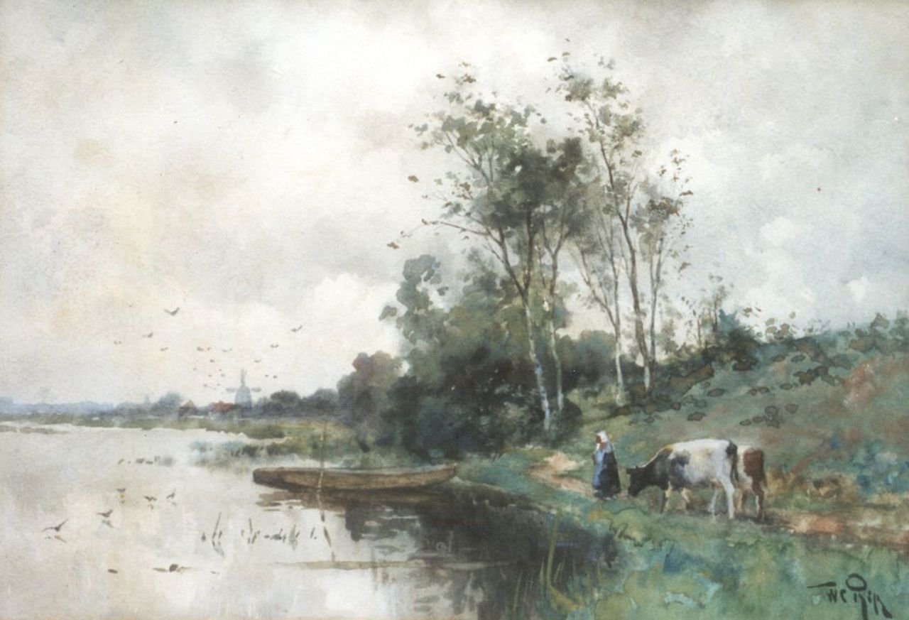 Rip W.C. | 'Willem' Cornelis Rip, Koeienhoedster op een pad langs het water bij Bergschenhoek, aquarel op papier 23,8 x 34,5 cm, gesigneerd rechtsonder Rip W.C. | 'Willem' Cornelis Rip, Koeienhoedster op een pad langs het water bij Bergschenhoek, aquarel op papier 23,8 x 34,5 cm, gesigneerd rechtsonder