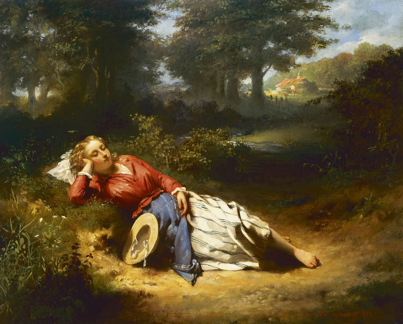 Koningsveld J. van | Jacobus van Koningsveld, Welgeschapen boerenmeid in dromenland, olieverf op paneel 34,5 x 43,5 cm, gesigneerd rechtsonder en gedateerd 1854 Koningsveld J. van | Jacobus van Koningsveld, Welgeschapen boerenmeid in dromenland, olieverf op paneel 34,5 x 43,5 cm, gesigneerd rechtsonder en gedateerd 1854