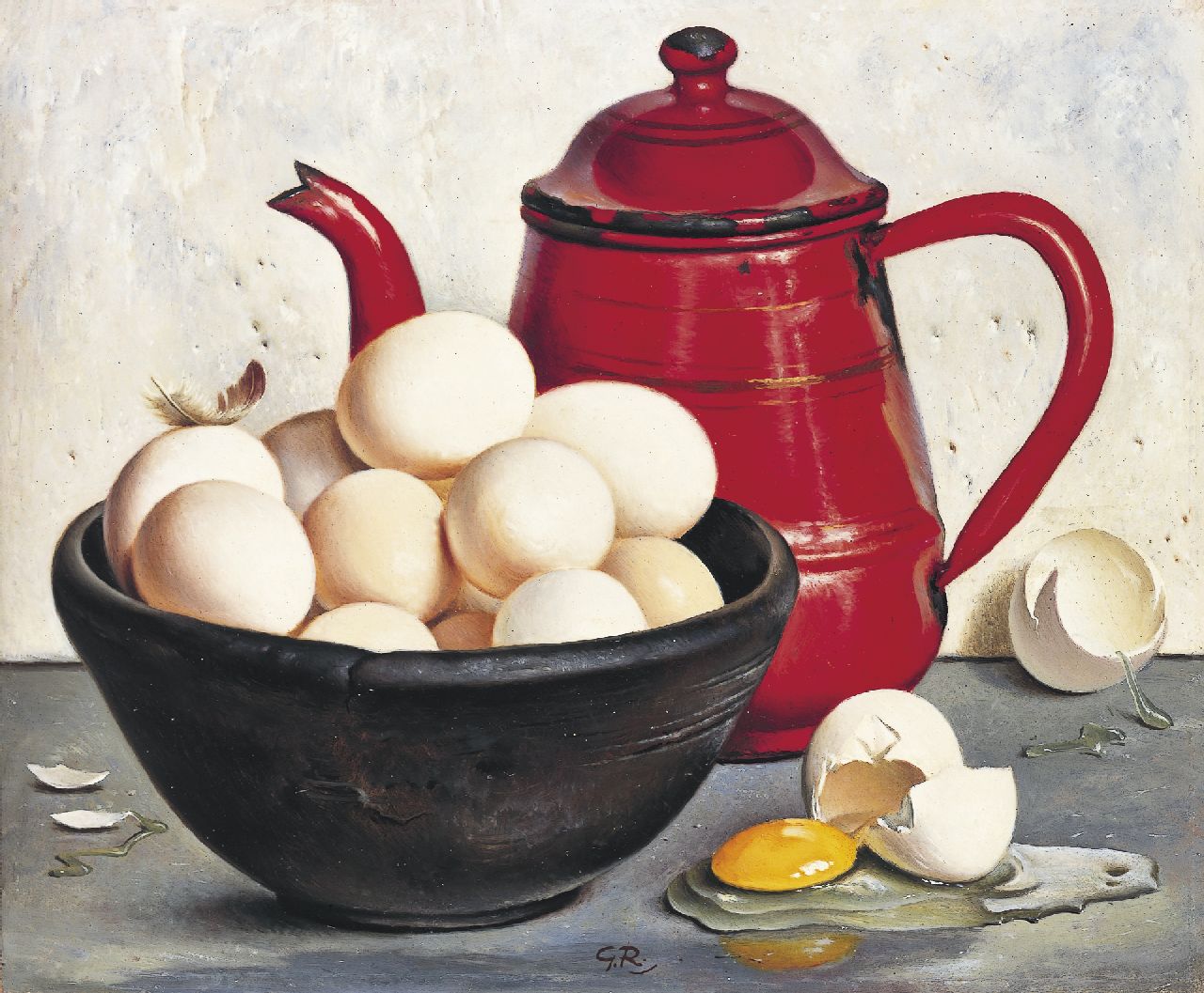 Röling G.V.A. | Gerard Victor Alphons 'Gé' Röling, Stilleven met eieren en koffiepot, olieverf op board 24,9 x 30,0 cm, gesigneerd midden onder met initialen + verso Röling G.V.A. | Gerard Victor Alphons 'Gé' Röling, Stilleven met eieren en koffiepot, olieverf op board 24,9 x 30,0 cm, gesigneerd midden onder met initialen + verso