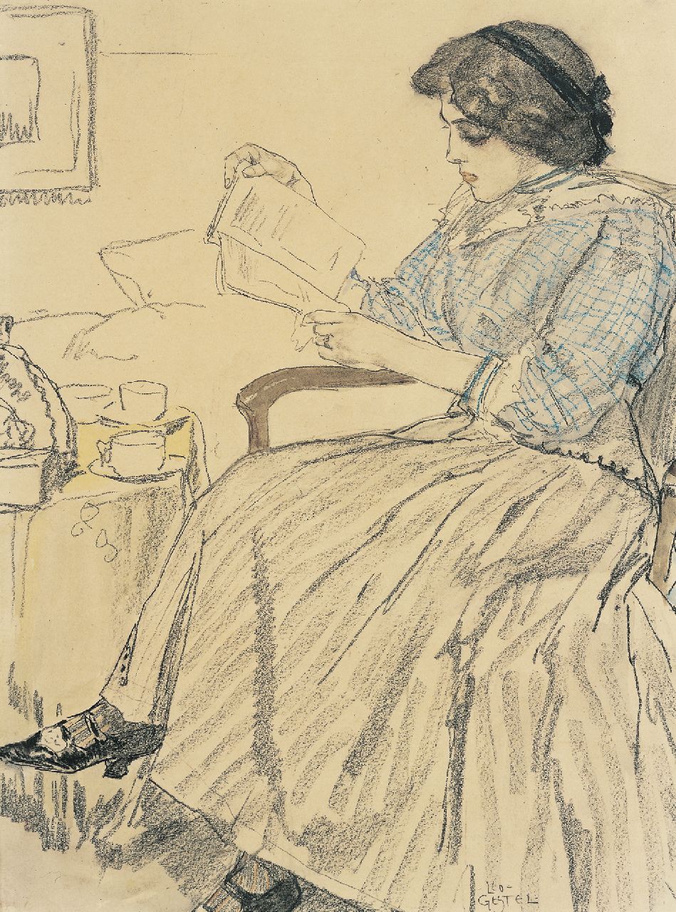 Gestel L. | Leendert 'Leo' Gestel, Lezende dame, krijt en aquarel op papier 36,0 x 27,3 cm, gesigneerd rechtsonder Gestel L. | Leendert 'Leo' Gestel, Lezende dame, krijt en aquarel op papier 36,0 x 27,3 cm, gesigneerd rechtsonder