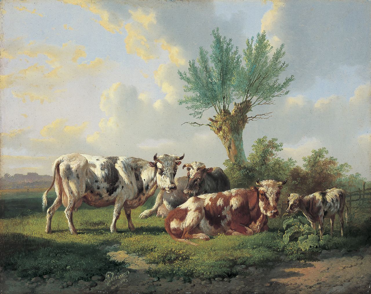 Verhoesen A. | Albertus Verhoesen, Rustend vee in een weiland, olieverf op paneel 31,8 x 40,0 cm, gesigneerd links van het midden. en gedateerd 1873 Verhoesen A. | Albertus Verhoesen, Rustend vee in een weiland, olieverf op paneel 31,8 x 40,0 cm, gesigneerd links van het midden. en gedateerd 1873