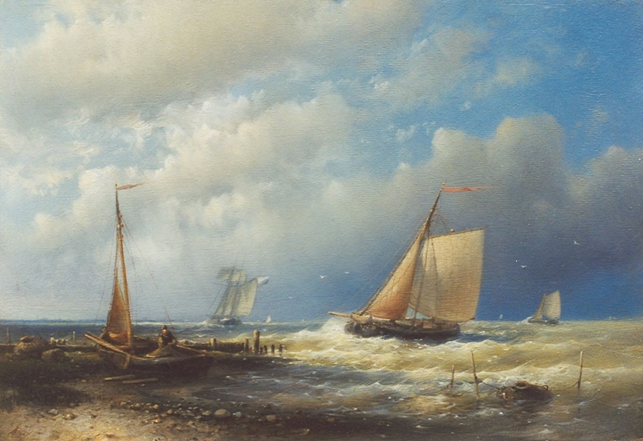 Hulk A. | Abraham Hulk, Zeilschepen en aangemeerde vissersboot voor de kust, olieverf op paneel 17,9 x 26,2 cm, gesigneerd linksonder Hulk A. | Abraham Hulk, Zeilschepen en aangemeerde vissersboot voor de kust, olieverf op paneel 17,9 x 26,2 cm, gesigneerd linksonder