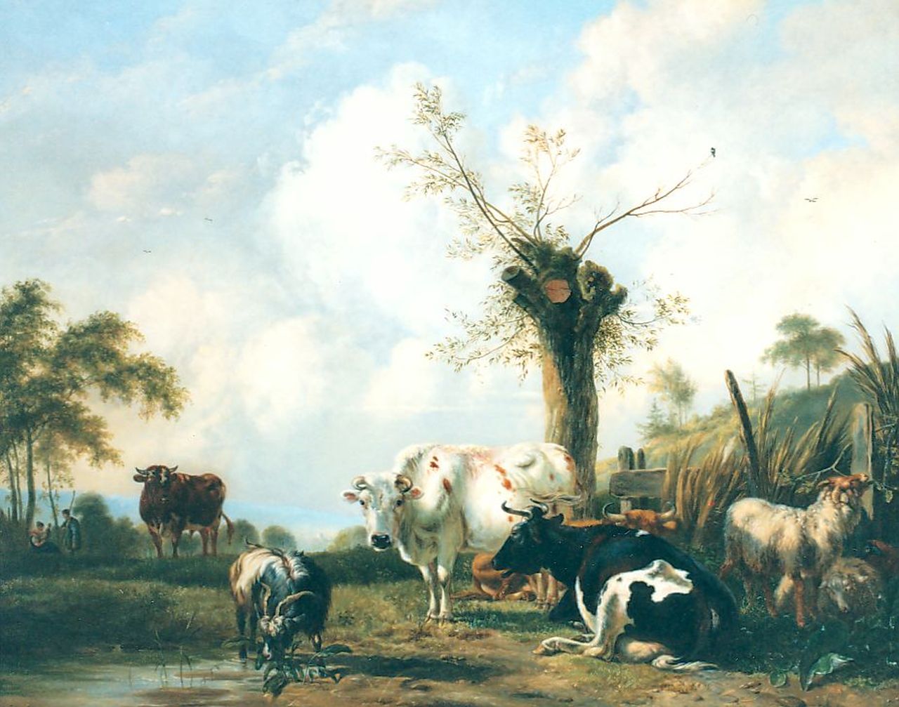 Os P.G. van | Pieter Gerardus van Os, Vee in een geromantiseerd landschap, olieverf op paneel 84,5 x 105,8 cm, gesigneerd linksonder en gedateerd 1837 Os P.G. van | Pieter Gerardus van Os, Vee in een geromantiseerd landschap, olieverf op paneel 84,5 x 105,8 cm, gesigneerd linksonder en gedateerd 1837
