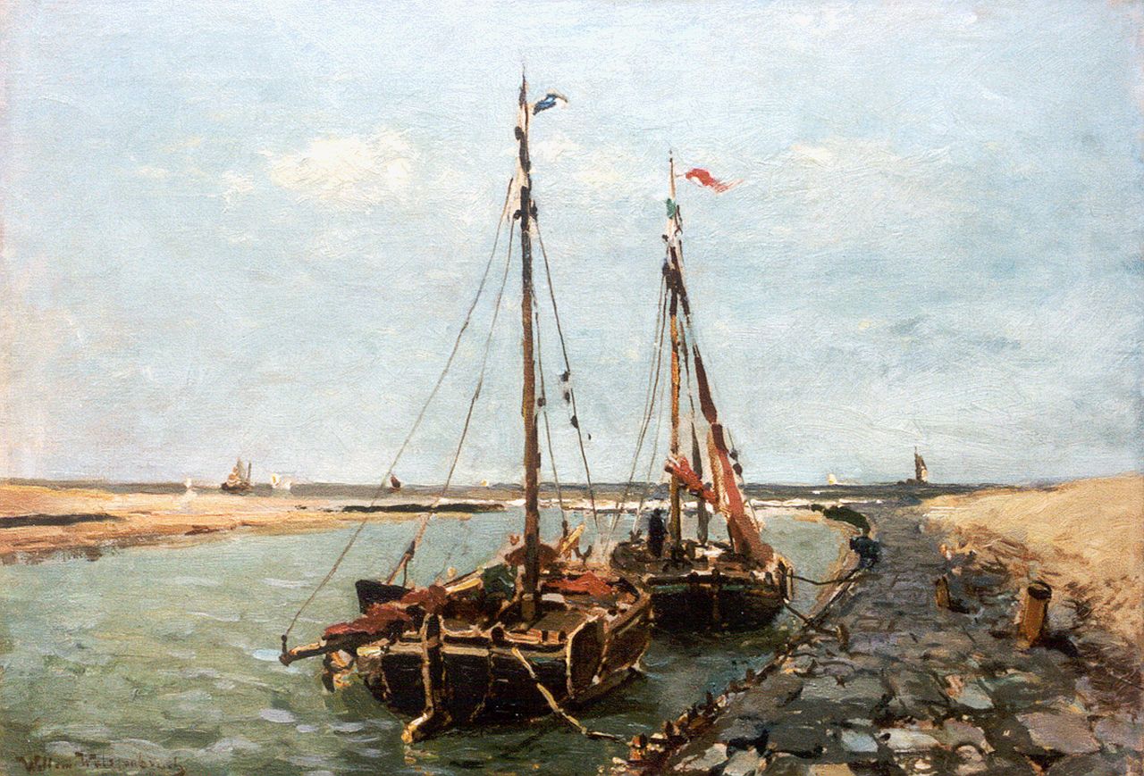 Weissenbruch W.J. | 'Willem' Johannes Weissenbruch, Afgemeerde garnalenboten in de uitwatering Oude Rijn, Katwijk aan Zee, olieverf op doek 41,7 x 58,6 cm, gesigneerd linksonder Weissenbruch W.J. | 'Willem' Johannes Weissenbruch, Afgemeerde garnalenboten in de uitwatering Oude Rijn, Katwijk aan Zee, olieverf op doek 41,7 x 58,6 cm, gesigneerd linksonder