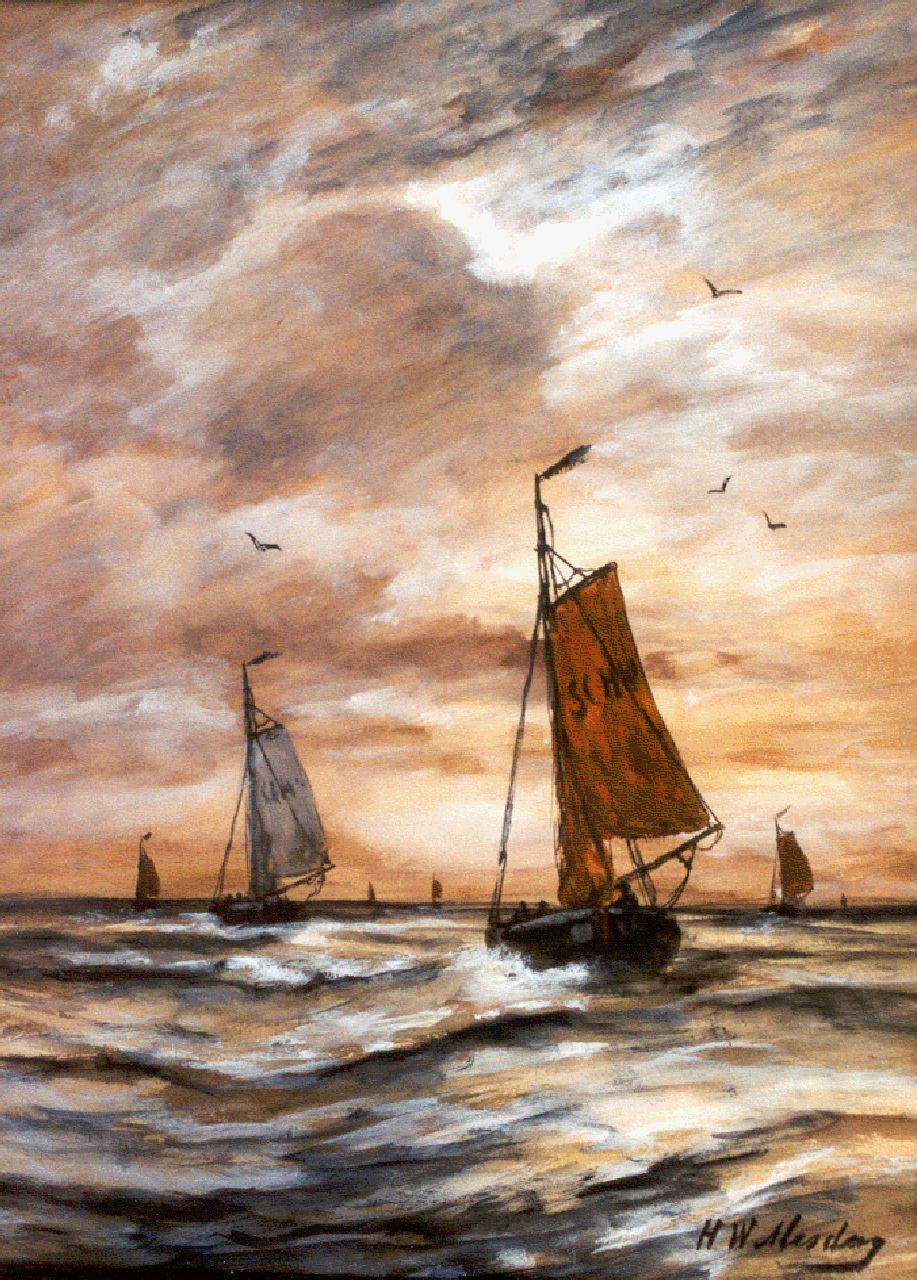 Mesdag H.W. | Hendrik Willem Mesdag, Scheveningse bomschuiten op volle zee bij avond, aquarel op papier 40,2 x 27,7 cm, gesigneerd rechtsonder Mesdag H.W. | Hendrik Willem Mesdag, Scheveningse bomschuiten op volle zee bij avond, aquarel op papier 40,2 x 27,7 cm, gesigneerd rechtsonder
