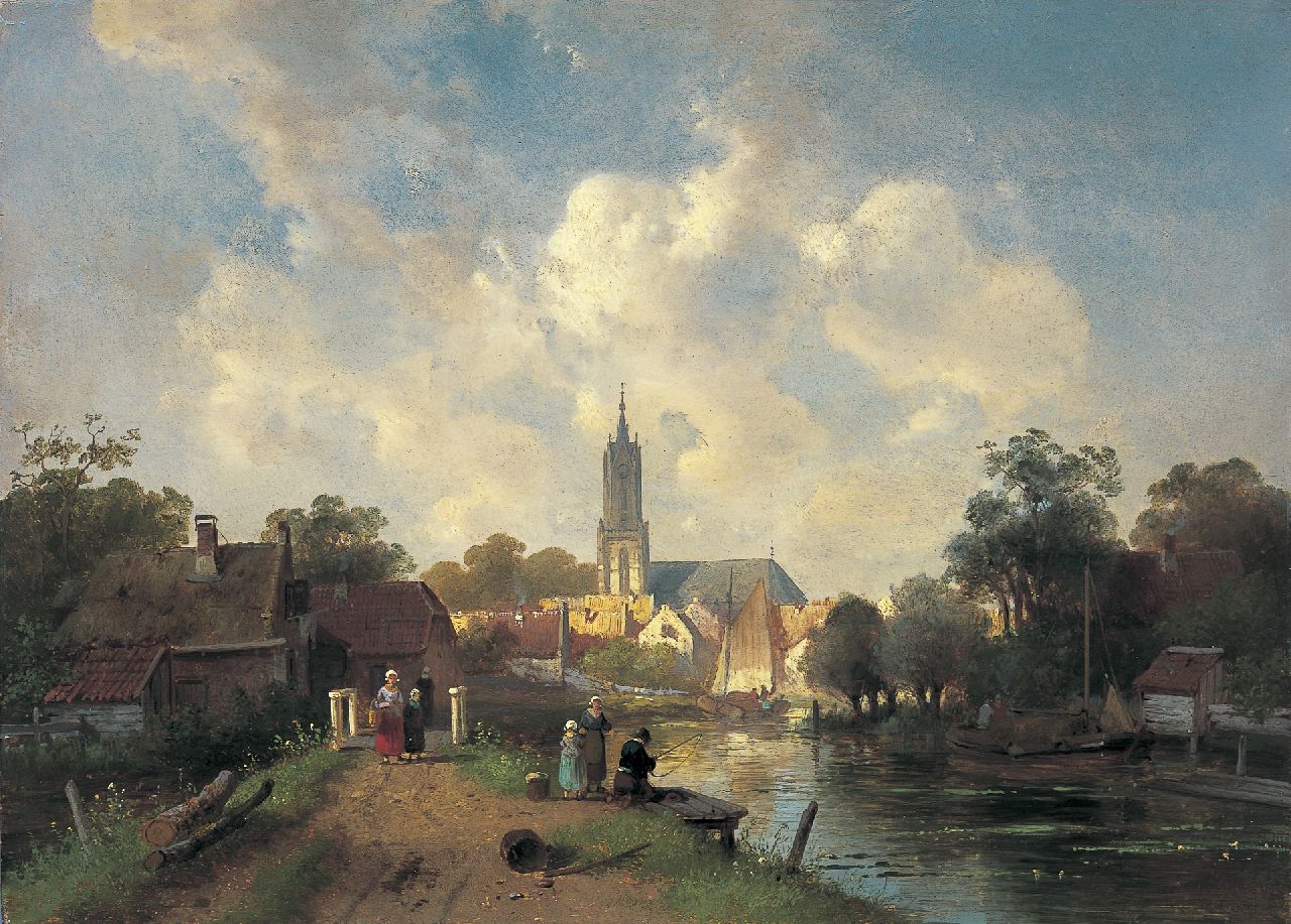 Leickert C.H.J. | 'Charles' Henri Joseph Leickert, Zomerse rivier langs de stadsrand, olieverf op paneel 28,0 x 39,1 cm, gesigneerd rechtsonder Leickert C.H.J. | 'Charles' Henri Joseph Leickert, Zomerse rivier langs de stadsrand, olieverf op paneel 28,0 x 39,1 cm, gesigneerd rechtsonder
